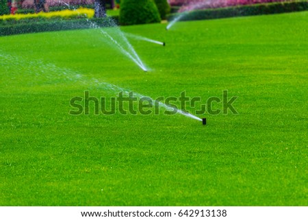 Lawn sprinkler spaying water over green grass. Irrigation system