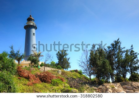 Phu Yen Province, Vietnam - August 15, 2015: Old lighthouse built by the French printer 1890. It is still operating at DaiLanh Cape, Phuyen Province, Vietnam