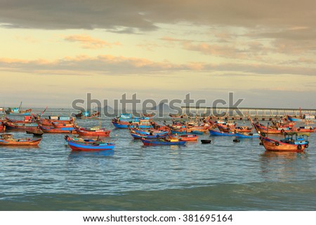 Nha Trang city, Vietnam - January 28, 2016: Fishing boats in the fishing village near NhaTrang city, Vietnam