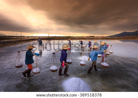 Ninh Thuan Province, Vietnam - February 28, 2016 :the women are working on salt field at dawn. Salt field Hon Khoi in Nha Trang, Viet Nam. Workers transporting salt from the fields Hon Khoi, Viet Nam.