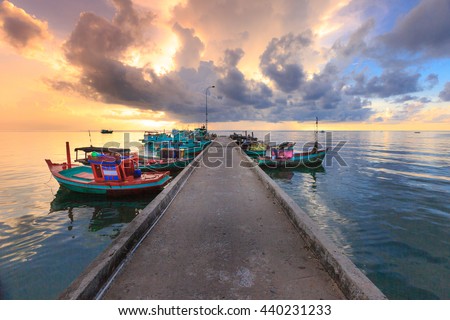 Phu Quoc island, Kien Giang province, Vietnam - May 03, 2016: Dawn at pier in fishing village - Phu Quoc island, Vietnam
