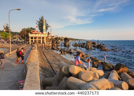 Phu Quoc island, Kien Giang province, Vietnam - May 02, 2016: amazing sunset at breakwater pier on Phu Quoc island . View sundown on the sea of Phu Quoc island, Vietnam