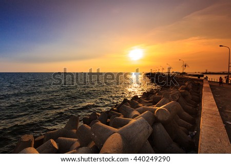 Phu Quoc island, Kien Giang province, Vietnam - May 02, 2016: amazing sunset at breakwater pier on Phu Quoc island . View sundown on the sea of Phu Quoc island, Vietnam