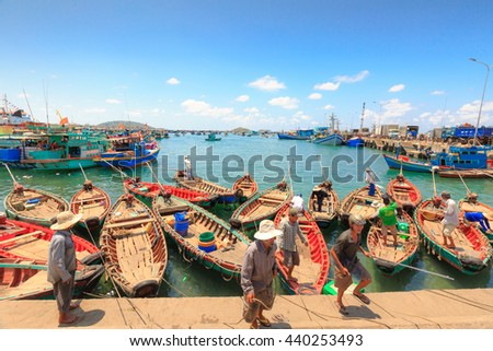 Phu Quoc island, Kien Giang province, Vietnam - May 02, 2016: People's daily life at the fishing village at port on Phu Quoc island, Traditional boats fishmen's on Phu Quoc island