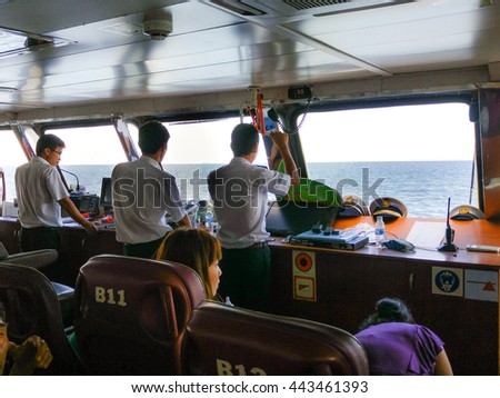 Phu Quoc island, Kien Giang province, VietNam - May 03, 2016 : Images of cockpit of sea ferry from the mainland to the island of Phu Quoc