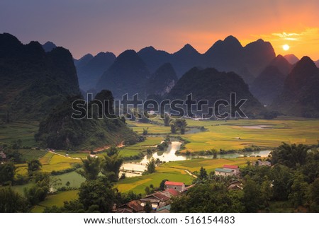 Magical sunset on the area near mountain Phong Nam, Cao Bang, Vietnam