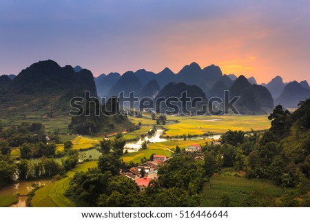 Magical sunset on the area near mountain Phong Nam, Cao Bang province, Vietnam