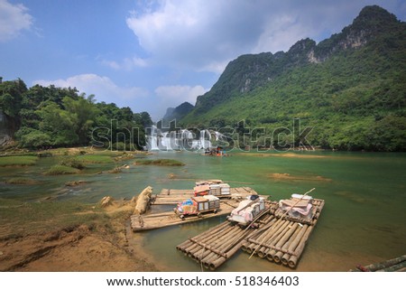 Ban Gioc waterfall, Cao Bang province, Vietnam - September 23, 2016:the boats are waiting tourists at Ban Gioc waterfall in Cao Bang, These are one of the nicest waterfalls in northern Vietnam.