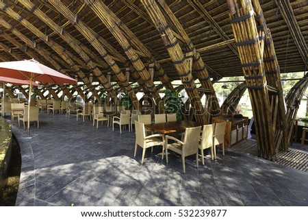 Flamingo Dai Lai resort, Vinh Phuc province, Vietnam - October 12, 2016 : luxurious restaurant made entirely of bamboo materials. Designed in contemporary style at Vinh Phuc Province, Vietnam