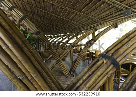 Flamingo Dai Lai resort, Vinh Phuc province, Vietnam - October 12, 2016 : luxurious restaurant made entirely of bamboo materials. Designed in contemporary style at Vinh Phuc Province, Vietnam