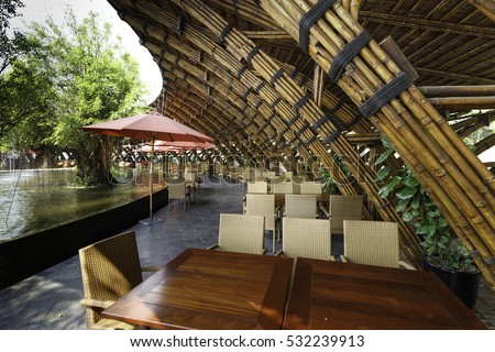 Flamingo Dai Lai resort, Vinh Phuc province, Vietnam - October 12, 2016 : luxurious restaurant made entirely of bamboo materials. Designed in contemporary style at Vinh Phuc Province, Vietnam