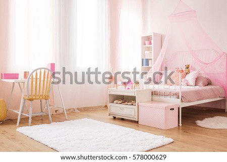 Pink little princess room with canopy bed, desk and chair