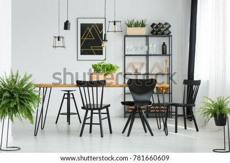 Black Chairs At Dining Table In Bright Room With Ferns And Dark Poster On White Chairs Dining Table Bright Stock Photo Royalty Free Black Chairs At Dining Table In Bright Room With Ferns And Dark Poster On White Chairs Dining Table Bright Stock Photo Royalty Free