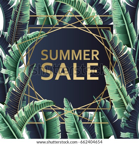 Sale banner, poster with palm leaves, jungle leaf and handwriting lettering. Floral tropical summer background. Vector illustration gold text.