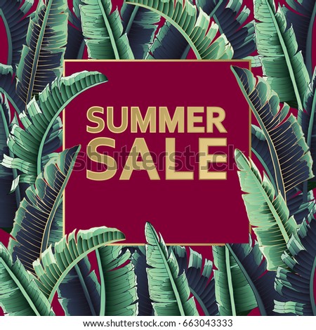 Sale banner, poster with palm leaves, jungle leaf and handwriting lettering. Floral tropical summer background. Vector illustration gold text.