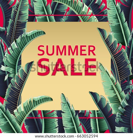 Sale banner, poster with palm leaves, jungle leaf and handwriting lettering. Floral tropical summer background. Vector illustration red text.