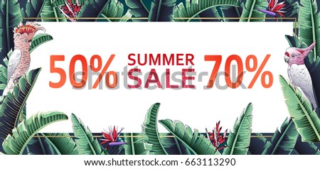 Floral vector illustration, tropical summer sale banner with jungle motif. A parrot with palm leaves.