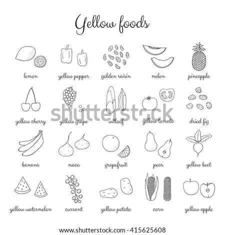 hand drawn outline yellow fruits berries and vegetables isolated on white background lemon