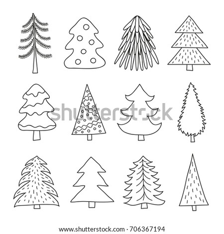 Set Hand Drawn Sketch Christmas Tree Stock Vector 735180589 - Shutterstock