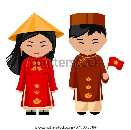 Vietnamese in national dress with a flag. A man and a woman in traditional costume. Travel to Vietnam. People.