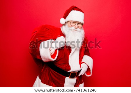 Holly jolly x mas festive noel miracles and magic time! Funny santa in headwear, costume, black belt, white gloves brings a lot of gifts for kids, ready, prepared, sale promotion concept