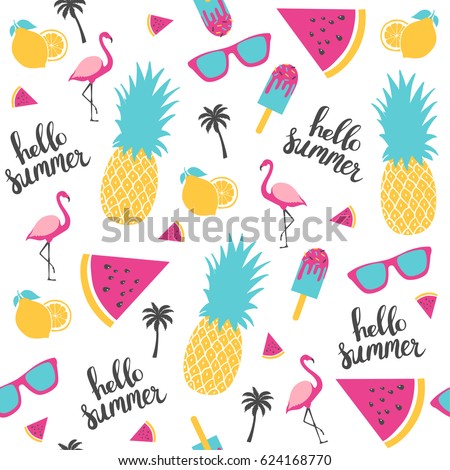Summer pattern. Watermelon, pineapple, lemon. Vector illustration