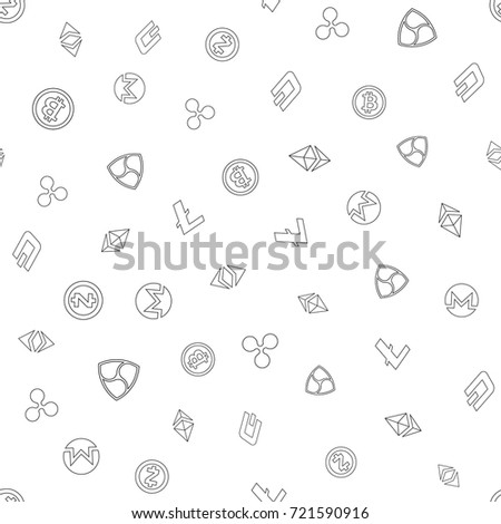 Cryptocurrency seamless pattern. Crypto currency background. Bitcoin, Ethereum, Ethereum classic, Dash, Litecoin, Monero, Nem, Ripple, Zcash. Vector illustration.