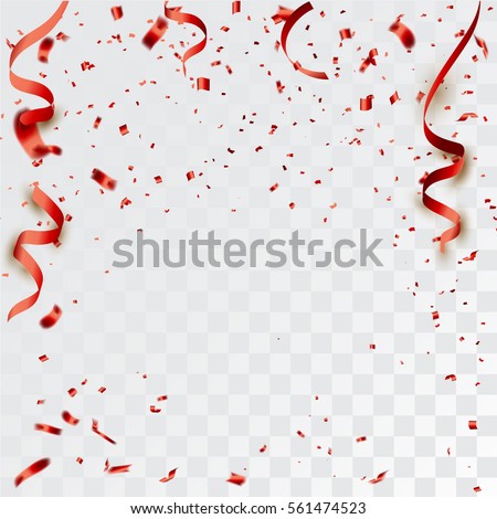 Celebration background template with confetti and red ribbons. Vector illustration