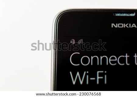 LONDON, UNITED KINGDOM - NOVEMBER 9: Nokia Lumia smartphone windowsphone with Connect to Wi-Fi message on display. Microsoft has announced that it will stop using Nokia branding on future phones
