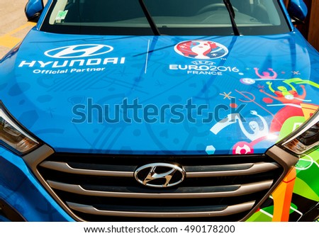 STRASBOURG, FRANCE - JUN 6, 2017: Detail of Hyundai Tucson, Official Partner and official transporter of the UEFA Cup Trophy