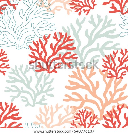 Red, pink and mint corals on the white background. Vector seamless pattern with tropical reef. Nautical doodles.