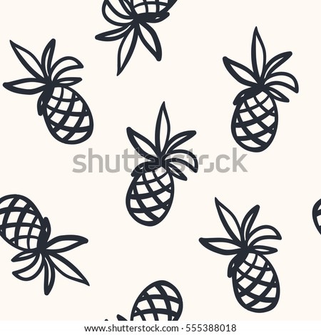 Pineapples background. Vector seamless pattern with tropical fruit. Black and white. Sketch illustration.