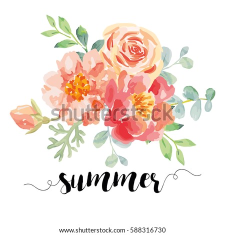 Bouquet with pink roses and peonies with green leaves on the white background. Watercolor vector romantic garden flowers. Card template with message Summer.