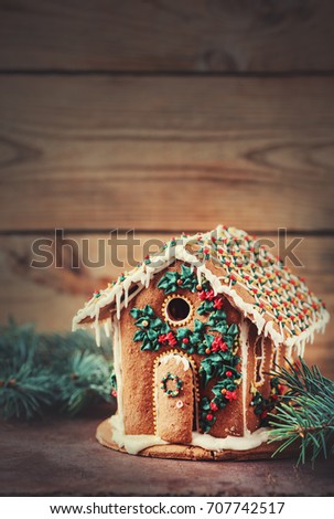 Gingerbread House On A Wooden Rustic Background Christmas Card Gingerbread House On A Wooden Rustic Background Christmas Card