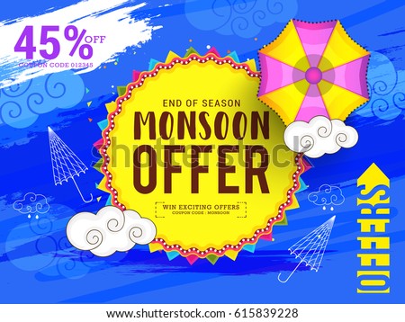 Creative Sale Banner Or Sale Poster Of Monsoon Season With Colorful Umbrella,Text Space Background.