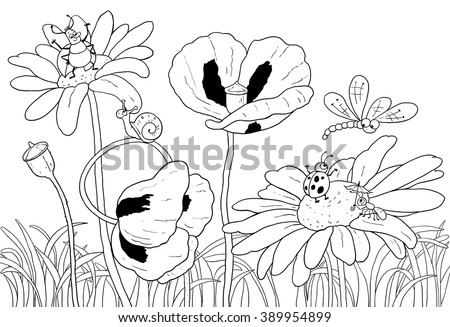 Green Grass Flowers And Insects Cute Dragonfly Beetles Ant Snail