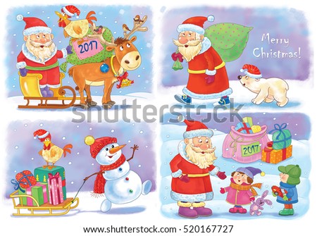 Small collection of Christmas cards. Four Christmas cards with cute Santa, reindeer, white bear, snowman, rooster and kids. Illustration for children. Funny cartoon characters