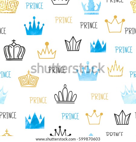 Little Prince Seamless Pattern In Blue And Golden Colors Vector Background With Watercolor Glittering