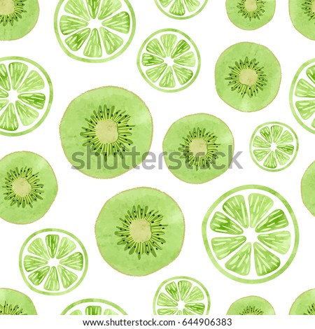 Seamless pattern with green kiwi and lime slices on white.Vector fruit background.