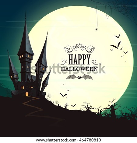 Vector Illustration of a Landscape with a Spooky Haunted Halloween Castle and a Full Moon