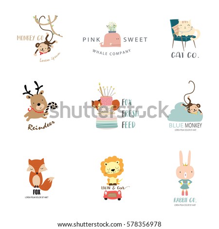 Cute logo design with monkey,whale,cat,reindeer,fox,lion,rabbit,car,cake,chair and cloud