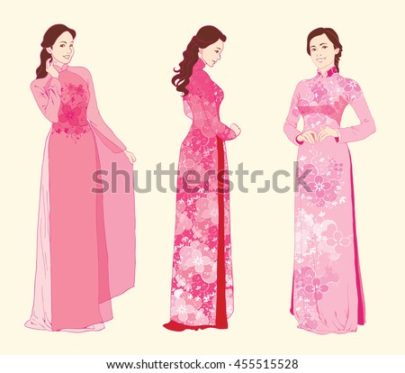 Vector illustration modern Vietnamese women wearing traditional costumes Ao Dai.