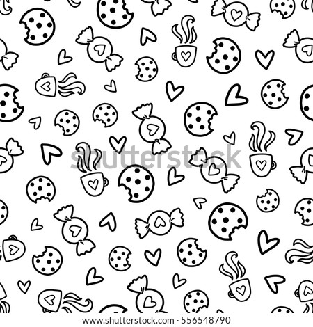 Doodles Cute Seamless Pattern Black Vector Background Illustration With Sweets Cookies And Coffee