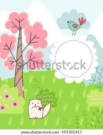 Doodles cute card, spring theme. Color vector poster with text bubble. Illustration with grass and cat, trees and flowers, mountains and bird. Design for prints.