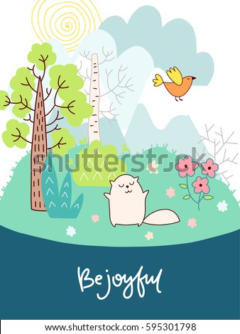 Doodles cute card, spring theme. Color vector poster with lettering. Illustration with bird, cat and flowers, trees and clouds. Design for prints.