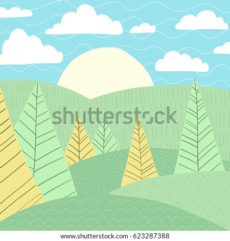Doodles cute backdrop summer theme. Color vector poster. Illustration with trees, sun, grass and clouds. Design for prints.