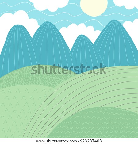 Doodles cute backdrop summer theme. Color vector poster. Illustration with mountains, sun, grass and clouds. Design for prints.
