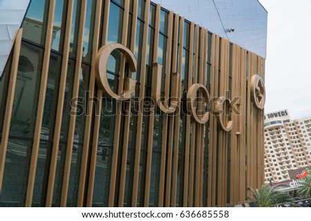 Las Vegas, Nevada - Circa 2017: Gucci store sign on casino strip. Italian luxury brand of fashion and leather goods - gold sign daytime.