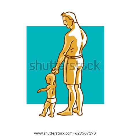 Father and small child standing on the beach. Dad holds the hand of a little baby. Vector graphic illustration in cartoon style.