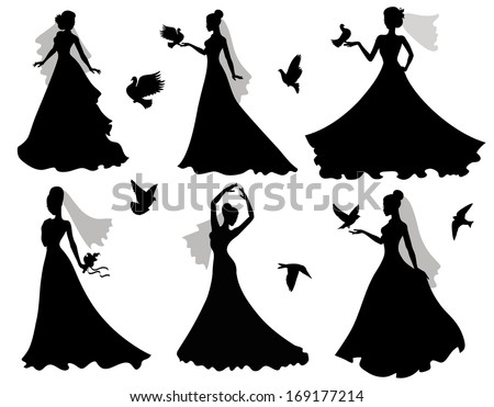 Set Of Silhouettes Brides With Birds Set Of Silhouettes Brides With Birds